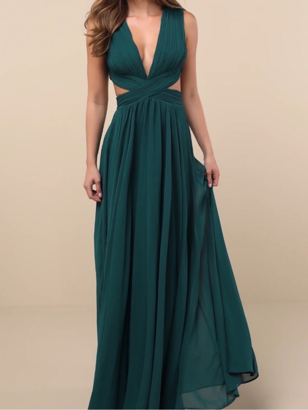 Lulus Emerald Green Cutout Plunge V Neck Chiffon Maxi Dress